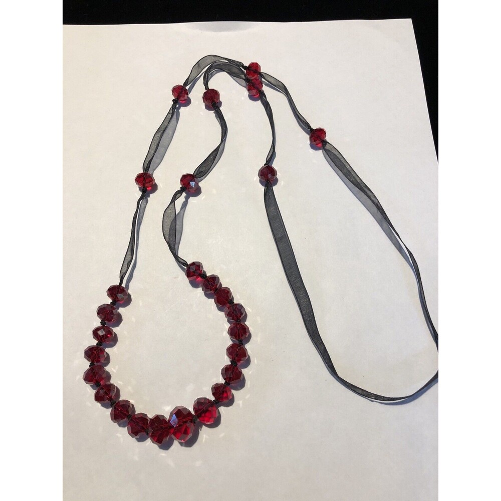 Red  Faceted Crystal Black Ribbon Hand Knotted 34”  Stunning Necklace